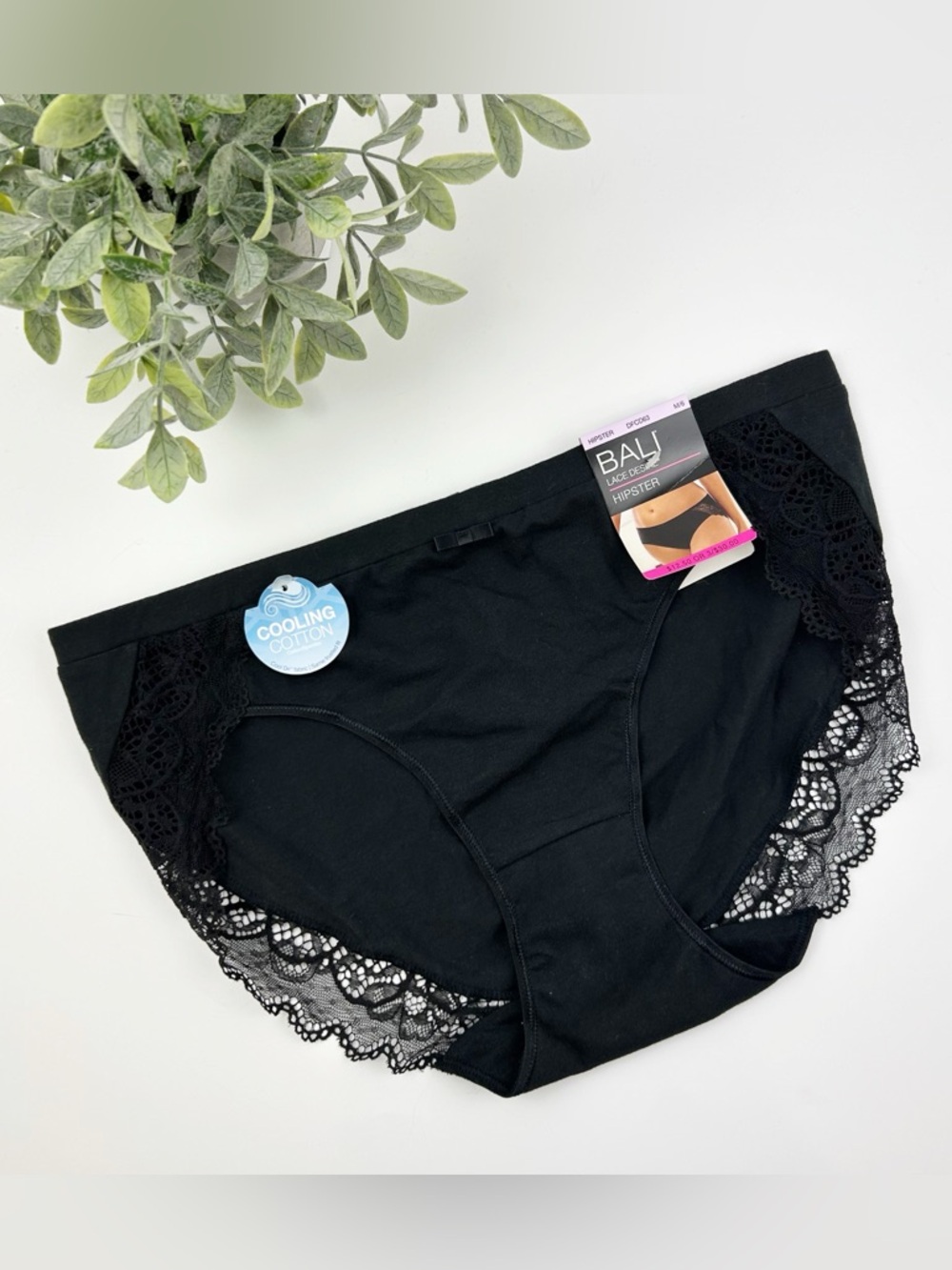 Bali Cotton Desire w/ Lace Hipster Women's Size M/6 in Black